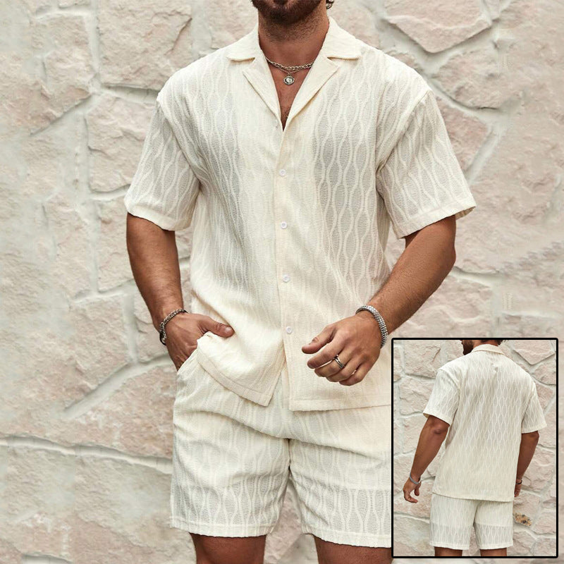 Premium men's resort set - shirt with a Cuban collar and shorts in lightweight fabric.