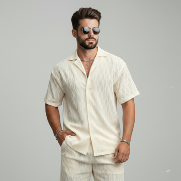 Premium men's resort set - shirt with a Cuban collar and shorts in lightweight fabric.